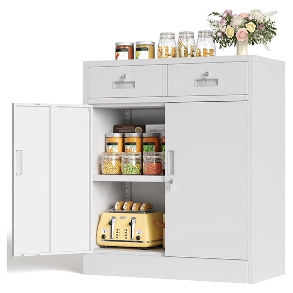 Metal Pantry Cabinet with 2 Drawers and Locking Door, White Steel Storage Unit with 2 Adjustable Shelves, 36 Inch Tall Cabinet for Kitchen Utility Room Garage Basement Organization and Home