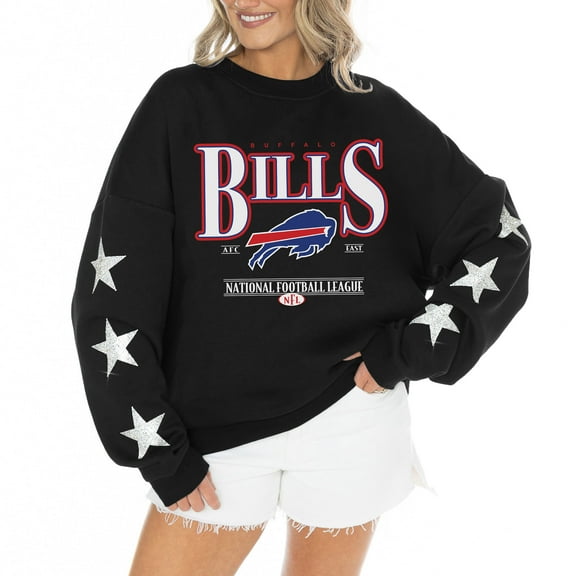 Women's Gameday Couture Black Buffalo Bills Rhinestone Star Sleeve Settle the Score Oversized Tri-Blend Pullover
