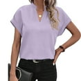 thumbnail image 2 of Womens Dressy Casual Tops Rolled Short Sleeve V Neck Cotton Linen Tshirt Loose Solid Color Tunics Blouse Shirts (XL, Purple), 2 of 6