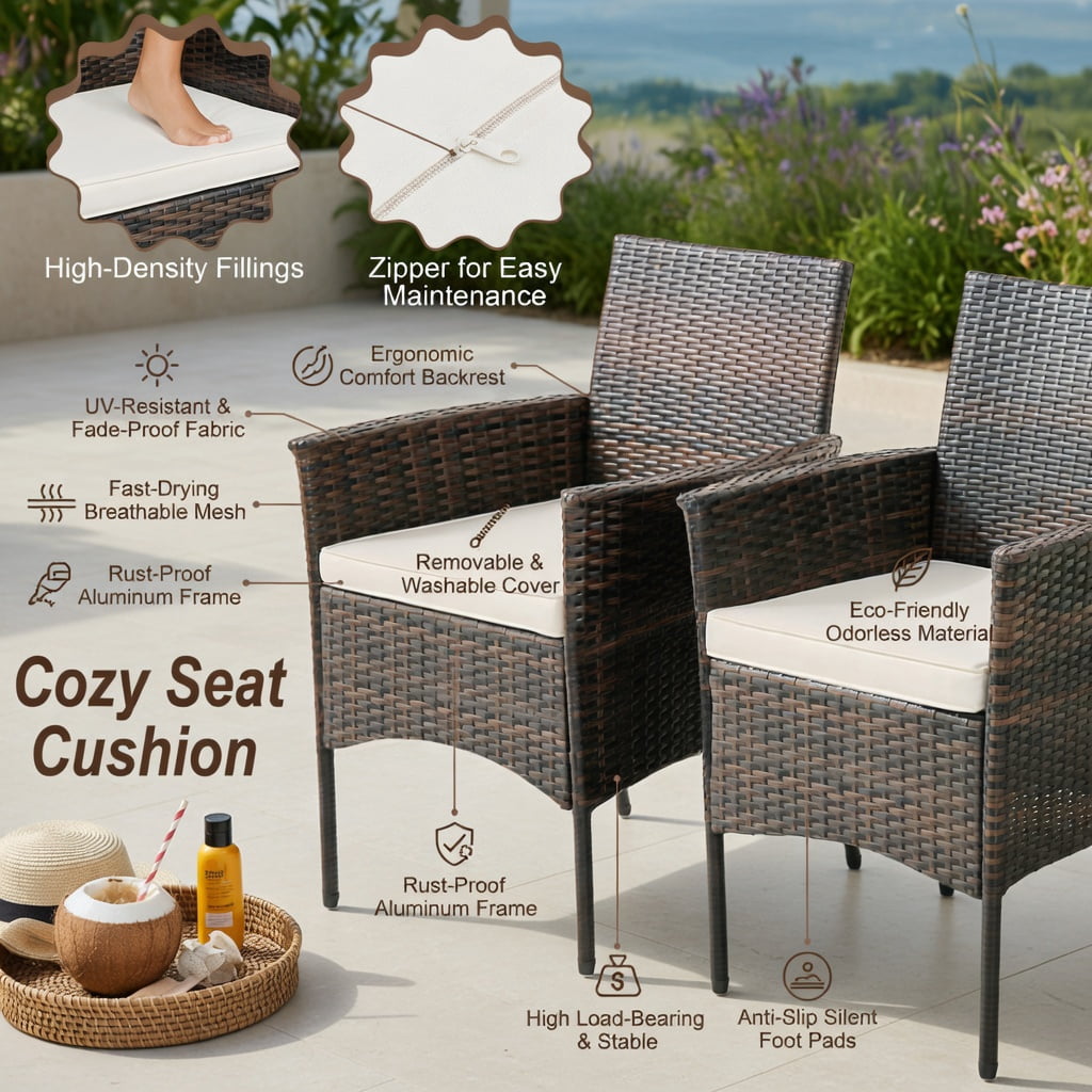 Hommoo 4-Piece Outdoor Dining Chair Set with Off-White Cushions, PE Rattan & Acacia Wood Frames, Rust-Resistant Metal Base, Patio, Poolside & Balcony Ready, Brown