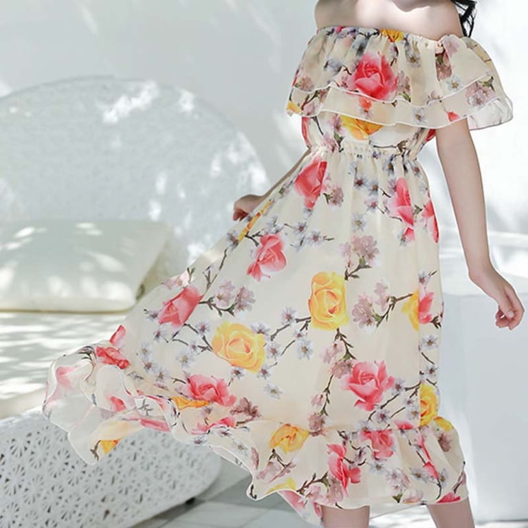 LUOGENLI Graduation Dresses For Girls 10-12 Years Old Girls' Chiffon Dress  Summer Style Mid Length Beach Children'S Off Shoulder Floral Dress For Big  Children Suitable As Flower Girl Dress 5-6 Years - Walmart.com