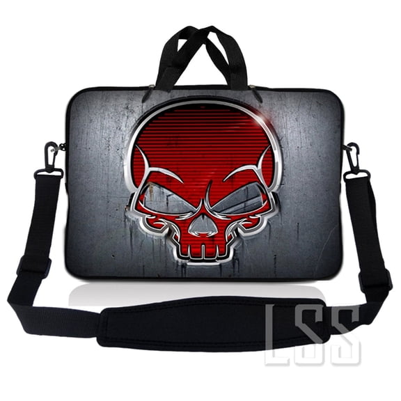 Laptop Skin Shop 17-17.3 inch Neoprene Laptop Sleeve Bag Carrying Case with Handle and Adjustable Shoulder Strap - Silver Red Skull