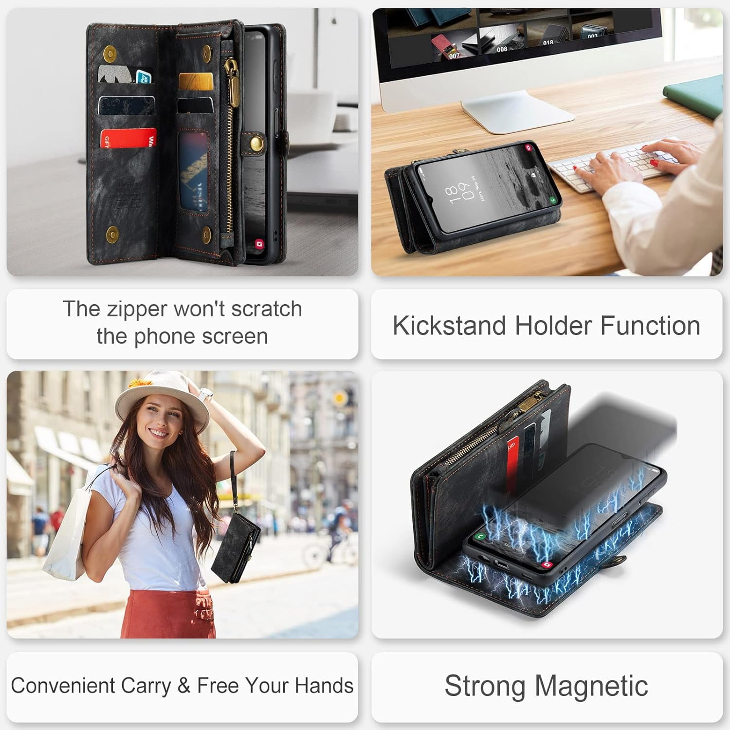 Phone Case for Samsung Galaxy A14 5G Zipper Wallet Detachable Cover with Tempered Glass Screen Protector and Leather Flip Credit Card Holder TPU Cell Accessories A 14 4G 14A G5 Women Men Black