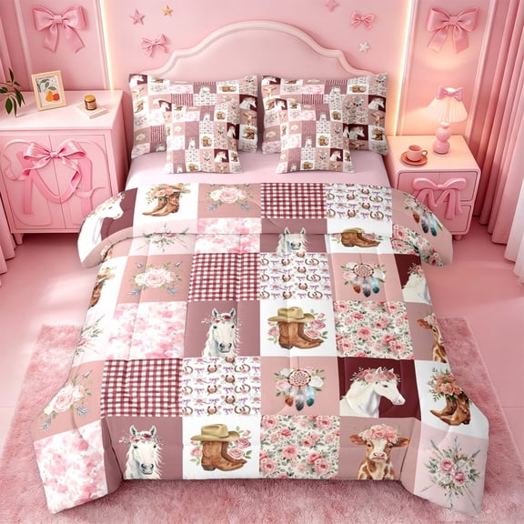 meiyoeat Farm Animal Horse Cow 7-Piece Twin Bedding,Romantic Pink Flowers Bedding Comforter Set For Girl,Reversible