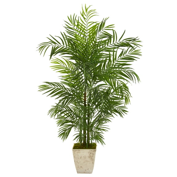 Nearly Natural 63" Areca Artificial Palm Tree in Country White Planter UV Resistant