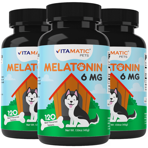 Vitamatic Melatonin for Dogs - 6 mg - 120 Beef Flavored Chewable Tablets ((Pack of 3))