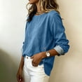 thumbnail image 4 of Lenpel Denim Tops for Women Crew Neck Long Sleeve Blouses Fashion Button Side Split High Low Hem Jean Tops Casual Fall Clothes, 4 of 6
