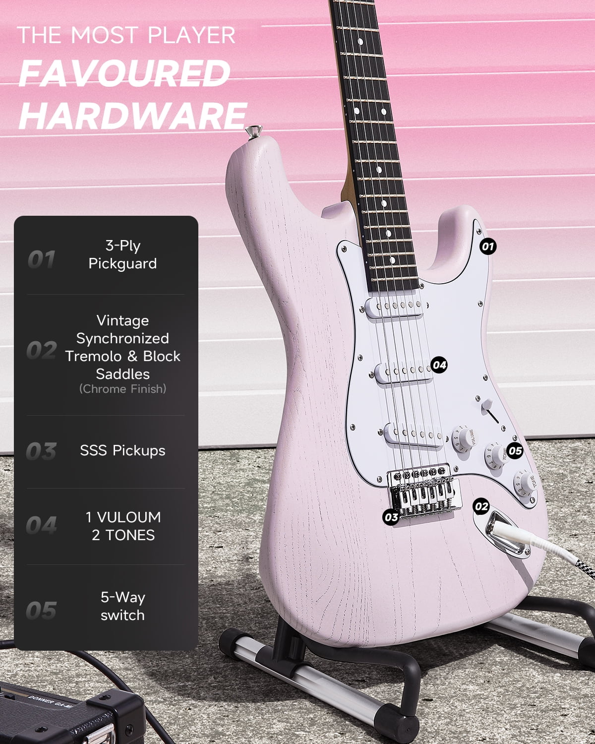 Donner Electric Guitar Set Pink Right Hand S-S-S Pickups Beginners Kits, Pink