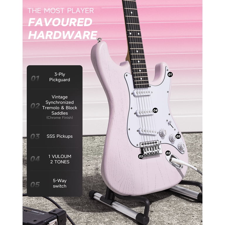 Donner, Electric Guitar Set, Pink, SSS Pickups Beginners Kit