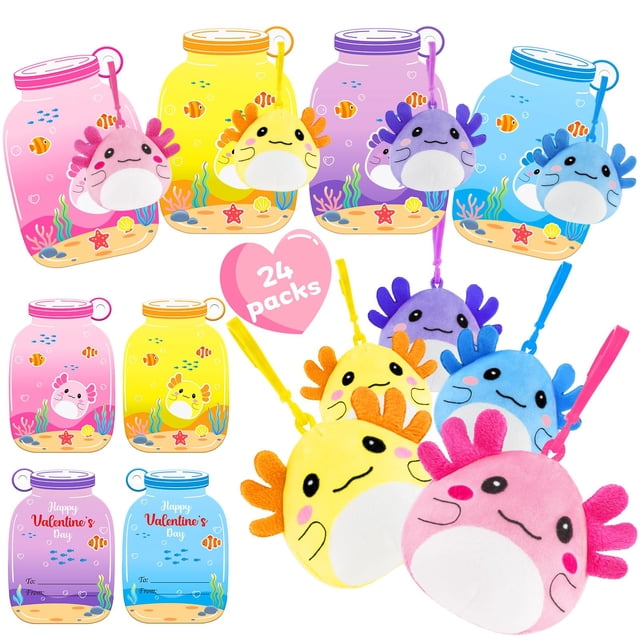 Tarjetas de San Valentín, paquete de 24 llaveros de peluche Axolotl para niños