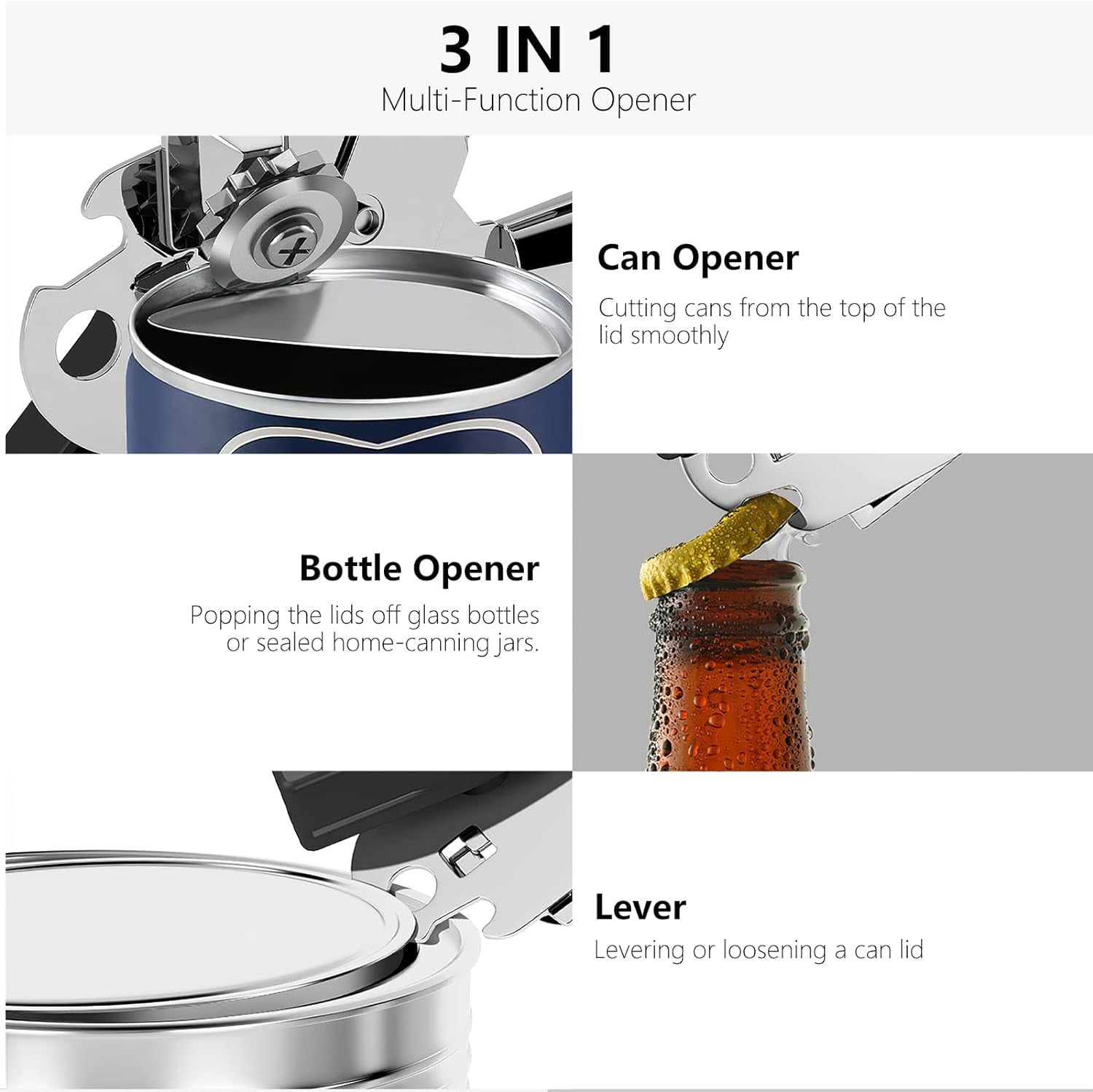 FRKSMD-Can Opener,Professional 3-In-1 Multifunctional Manual Can Openers Bottle Opener,Kitchen Durable Stainless Steel Heavy Duty Can Opener Smooth Edge for Kitchen Seniors Friendly