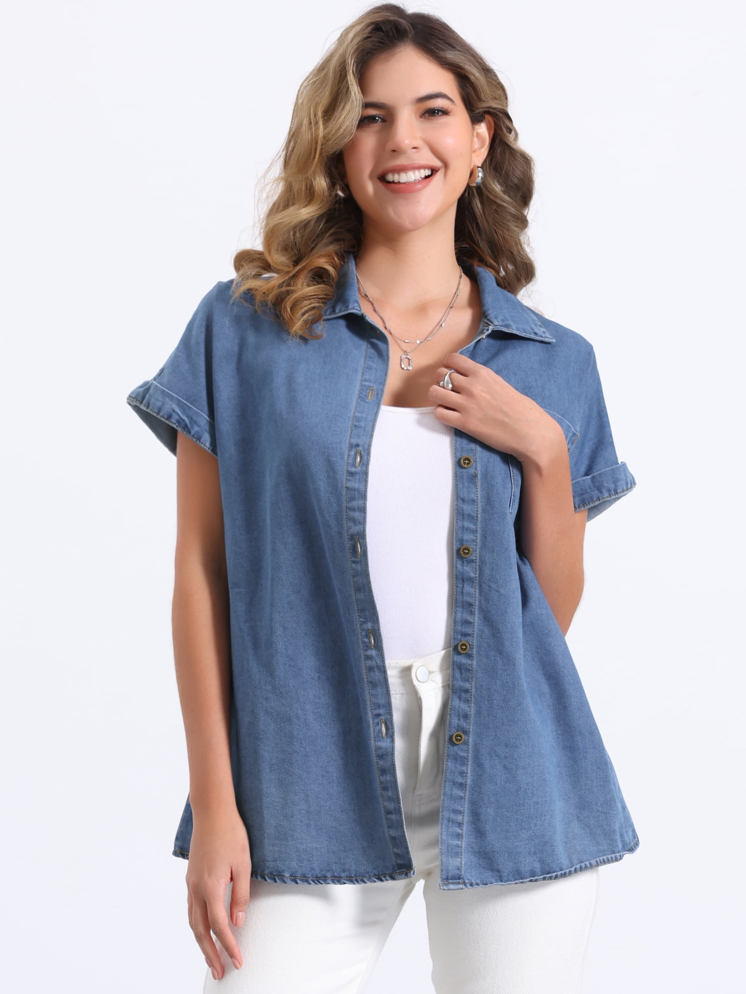 DARING DIVA Women's Denim Shirt Short Sleeve Jean Shirt Summer Tops XS Blue