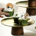 thumbnail image 2 of Cake Tray Fruit Display Plate Dessert Pan Wooden Base Stainless Steel High Stand, 2 of 8