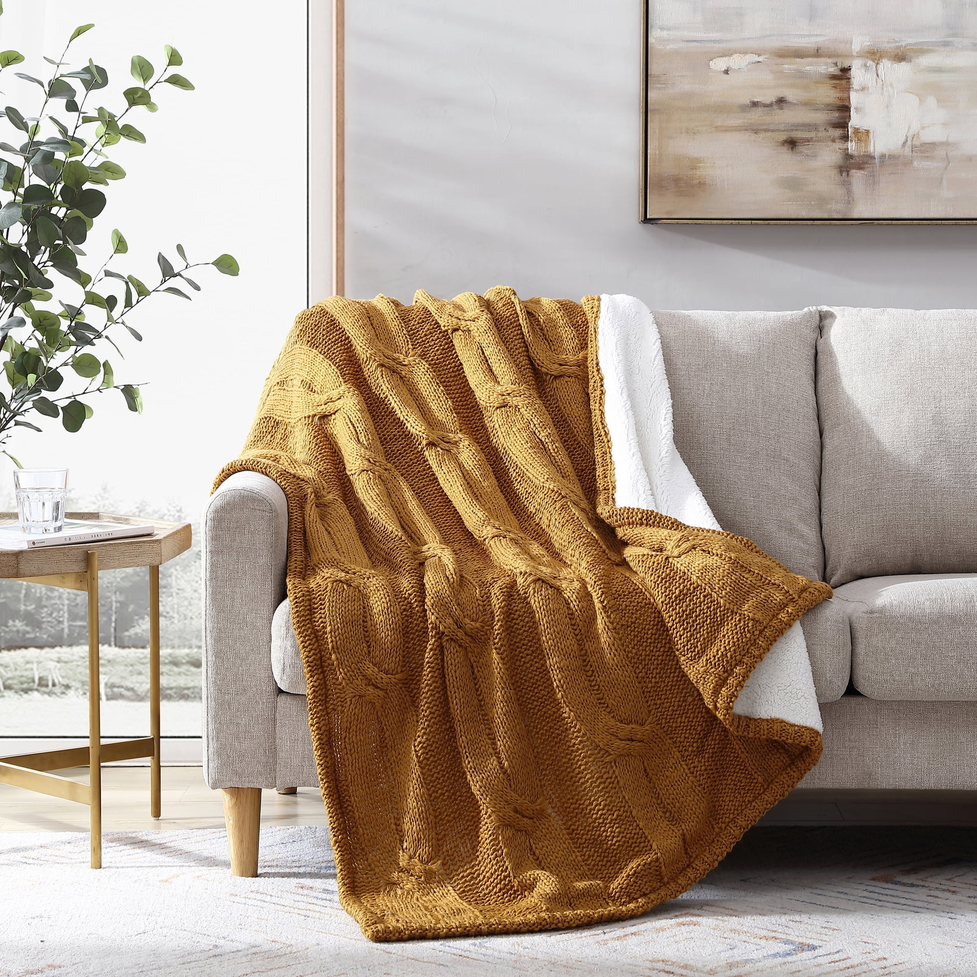 Modern Threads Knit Reversible Gold Acrylic Adult Throw Blanket, 50" x 60"