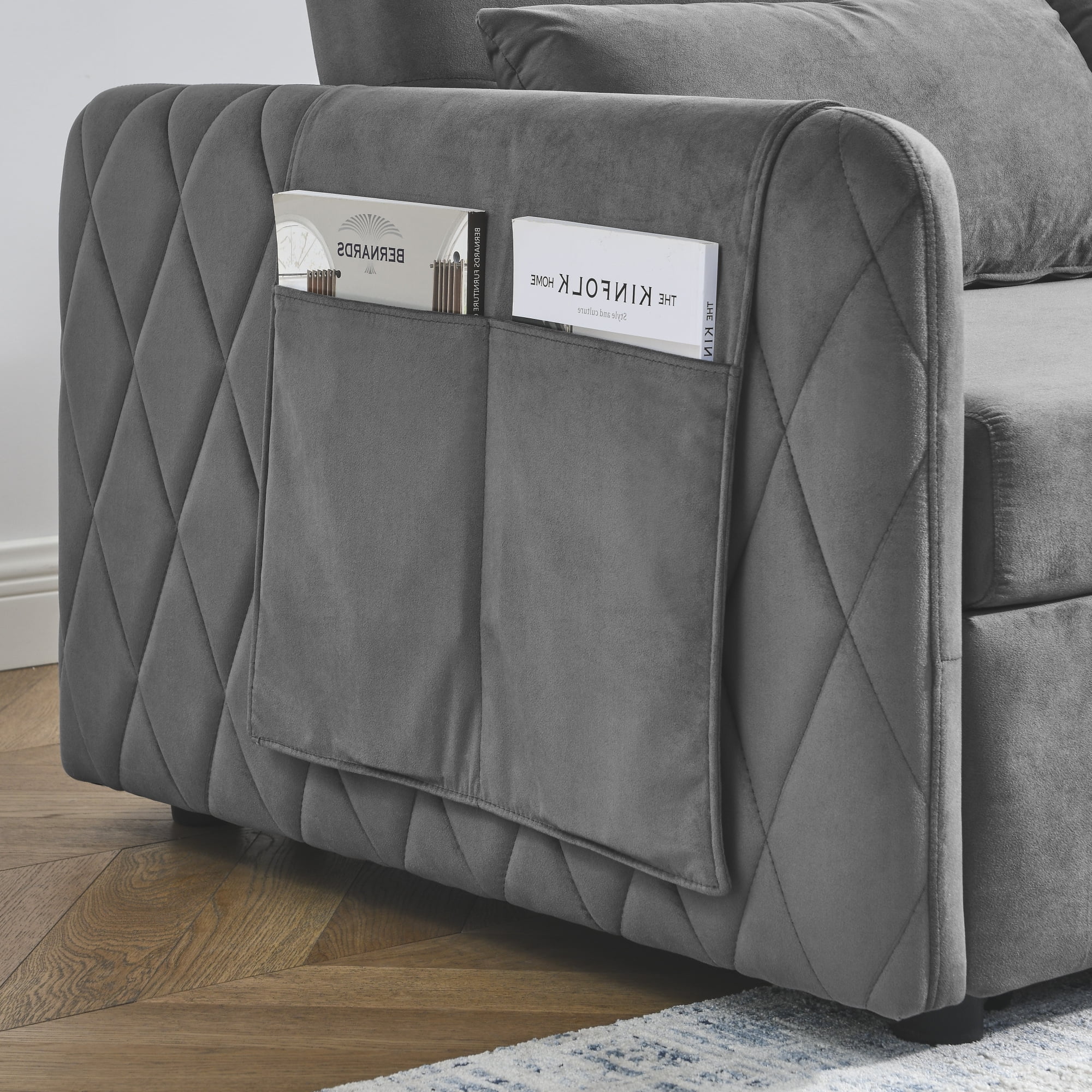 3 in 1 Convertible Sleeper Sofa Bed,55" Modern Velvet Pull Out Sofa Bed with 2 Pillows and 2 Detachable Pockets,Upholstered Loveseat Sofa Couch with Adjustable Backrest for Living Room Office,Gray