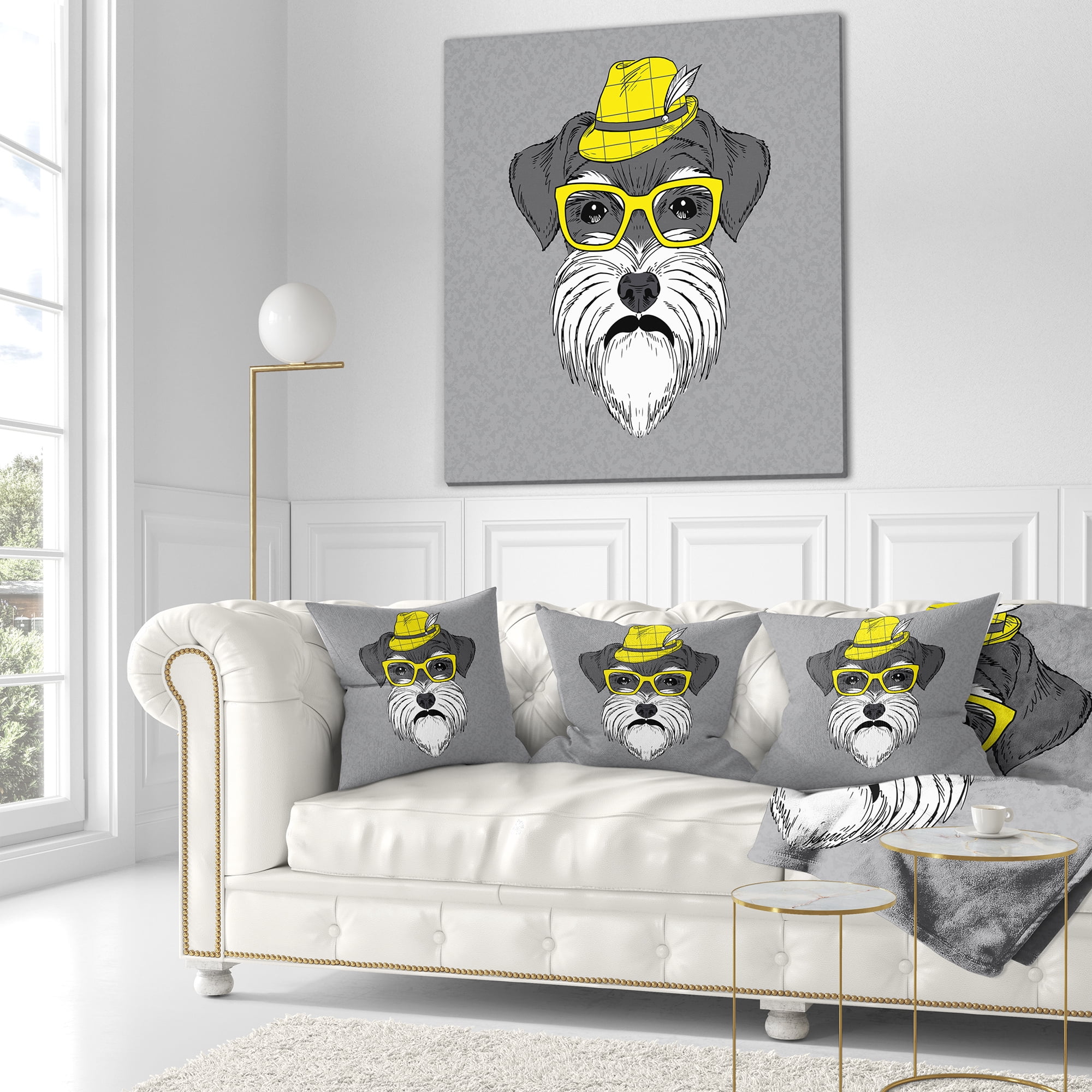 Designart Schnauzer with Hat and Glasses - Contemporary Animal Throw Pillow - 18x18