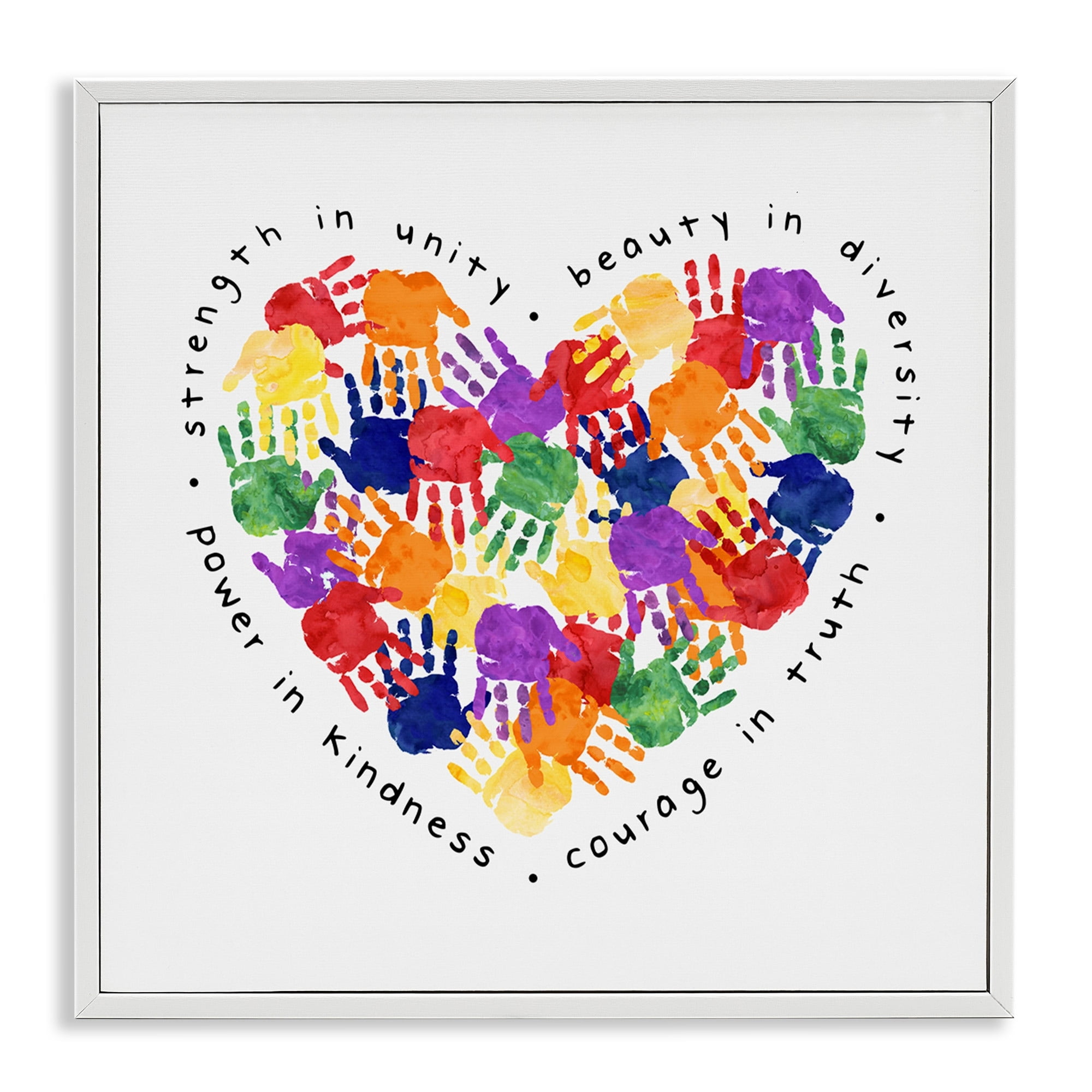 Stupell Industries Strength In Unity Children's Rainbow Handprint Heart Graphic Art White Framed Art Print Wall Art, 12x12, by Erica Billups