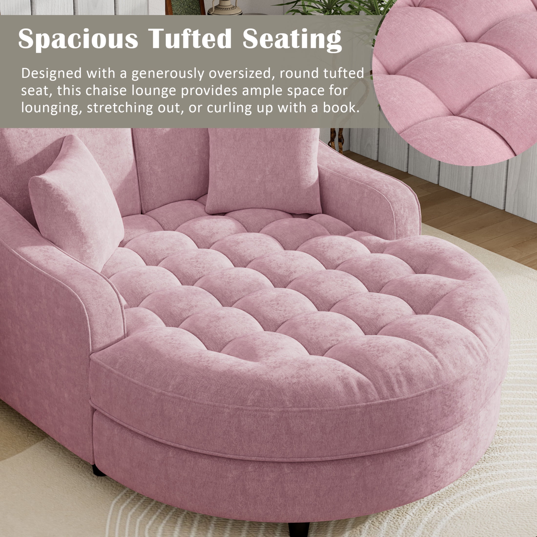 Christopher Knight Home 51" Modern Chaise Lounge Sofa Bed, Tufted Chenille Couch with Pillows, Pink