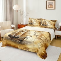 Feelyou Western Sailboat Full Size Sheets for Kids, Vintage World Map Bed Sheets, Cartoon Compass Print Sheet Sets, Breathable Home Decor, 4pcs