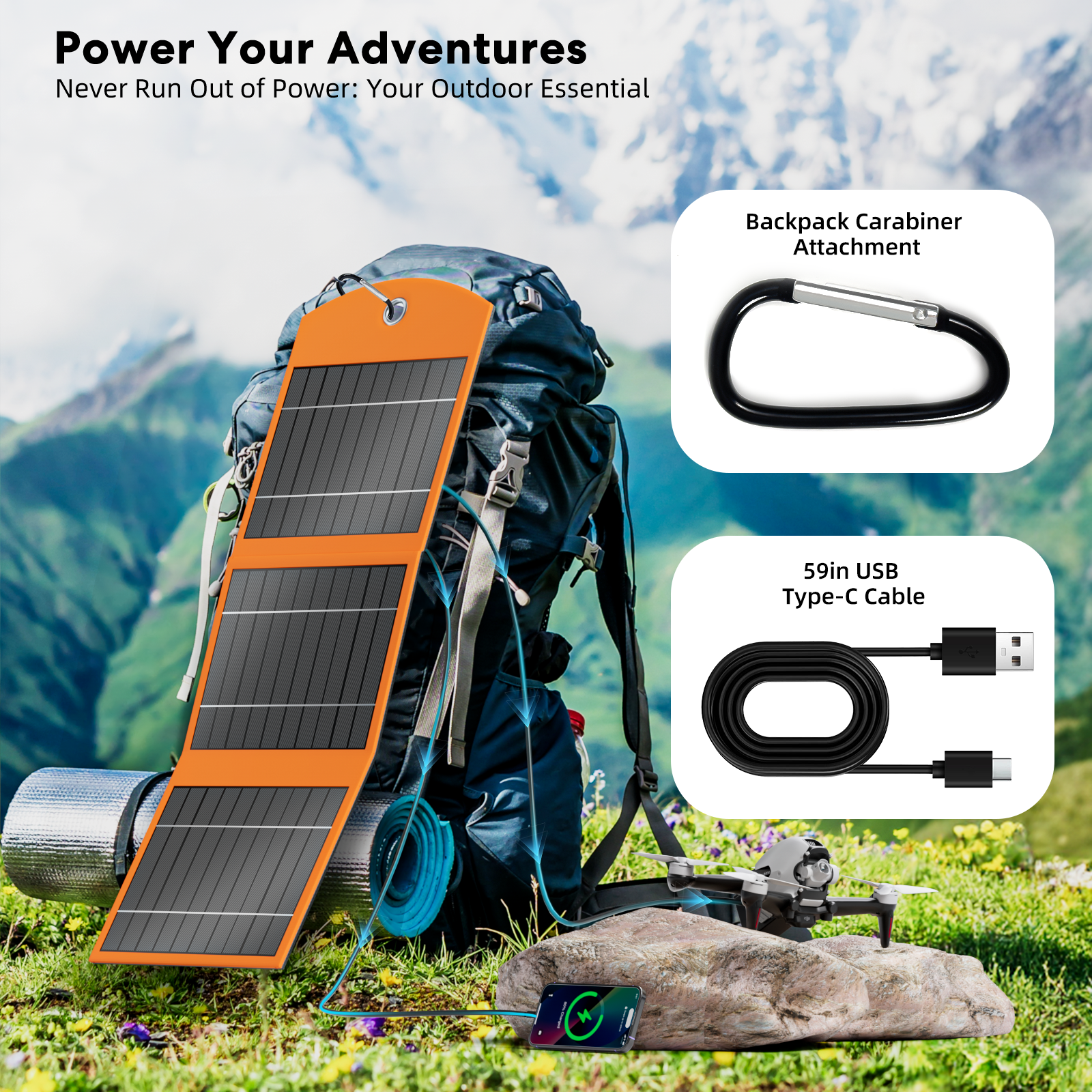 SOLPOWBEN Solar Panels With 10000mAh Power Bank,Waterproof Solar Panel Charger with USB & Type-C Ports,Compatible with iPhone ipad Camera, Suitable for Camping, Hiking, Backpacking (Orange)