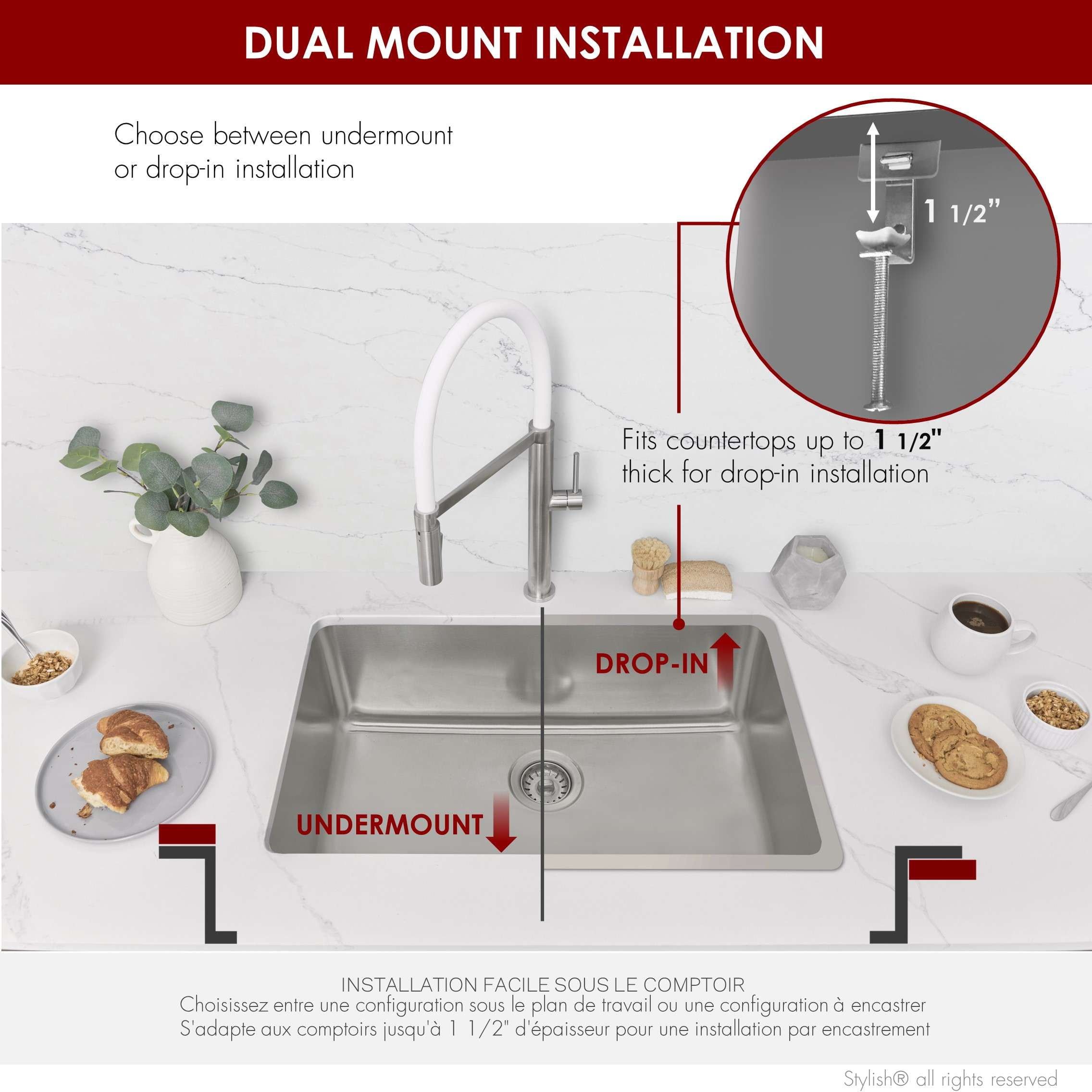 Stylish Dual Mount 27" Stainless Steel Single Bowl Kitchen Sink with Strainer S-406T
