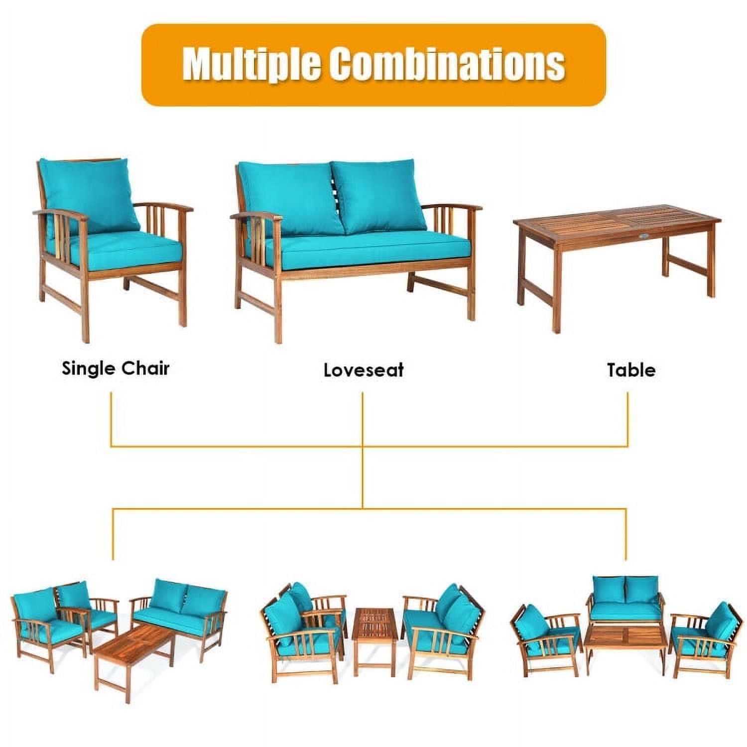 Aimee Lii 4 Pieces Wood Outdoor Furniture, Wooden Patio Furniture Set with Table, Sofa Chair, Cushioned, Turquoise Aimee Lii 4 Pieces Wood Outdoor Furniture, Wooden Patio Furniture Set with Table, Sofa Chair, Cushioned, Turquoise