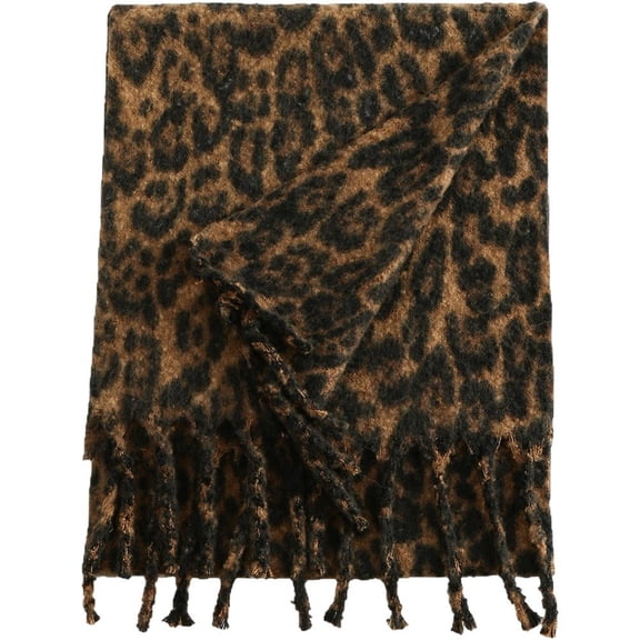 Jiibva Leopard Tassels Scarf Neckerchief Thick Scarves Oversized Long Soft Warm Wrap Shawl Windproof Winter Neck Warmer for Women