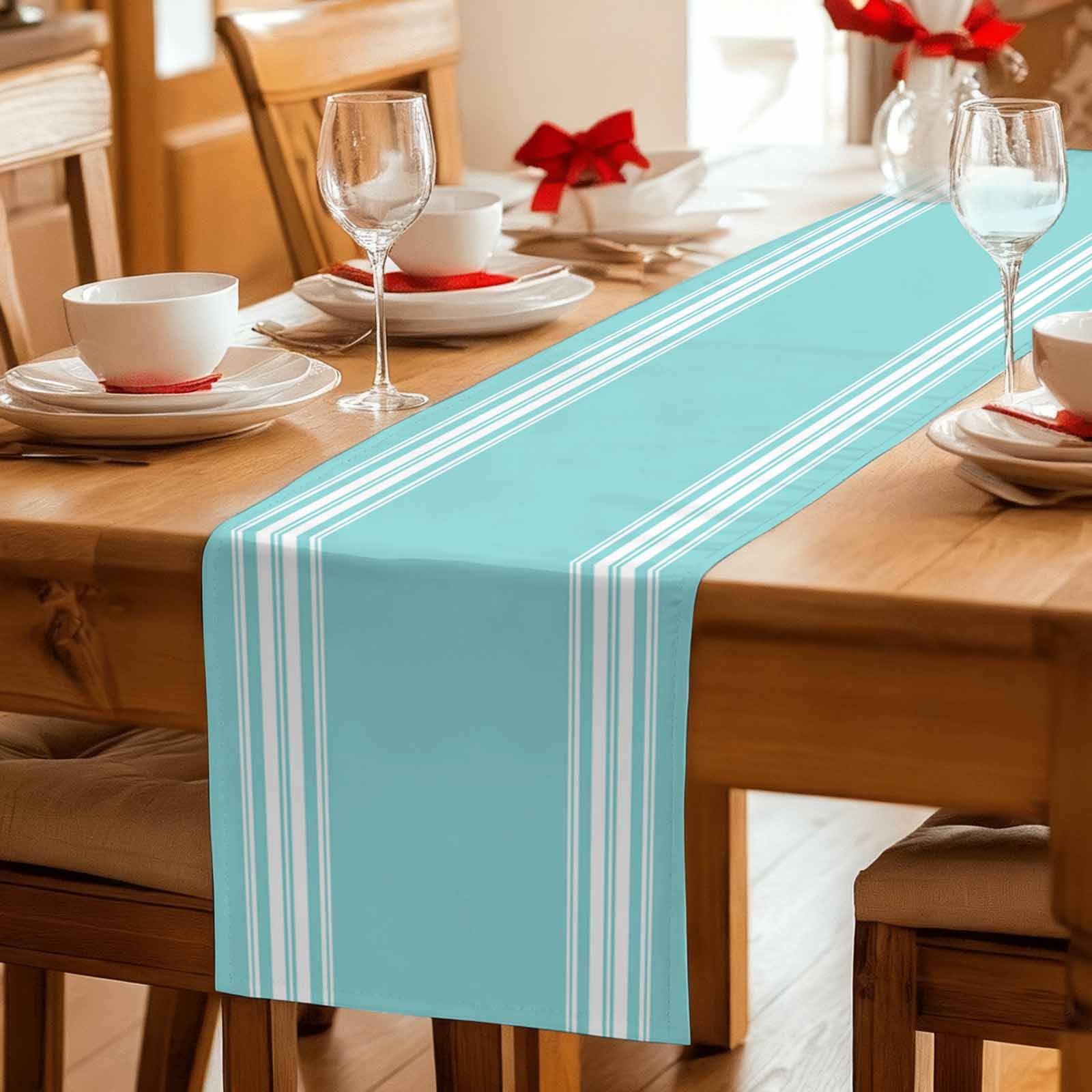 Aqua Striped Table Runner, Luxurious White Stripes Modern Abstract Art Cotton Linen Table Runners 120 Inches Long, Dresser Scarf Runner for Dining/Living Room/Kitchen/Square Tables 13''x120''