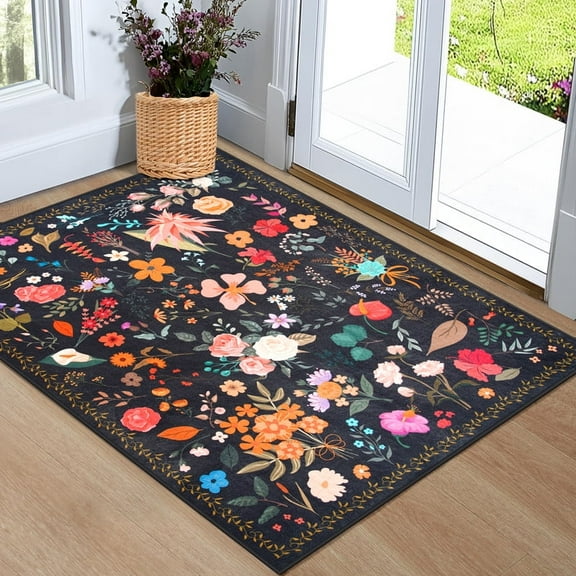 GUUCHA 2'x3'Area Rugs for Living Room Floral Print Rug Floor Carpet for Bedroom,Black