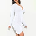 thumbnail image 3 of Ygbgbb Womens Cotton Fall Bodycon Dresses V Neck Long Sleeve Dresses Solid Color Pleated Waist Casual Midi Dresses White M, 3 of 8