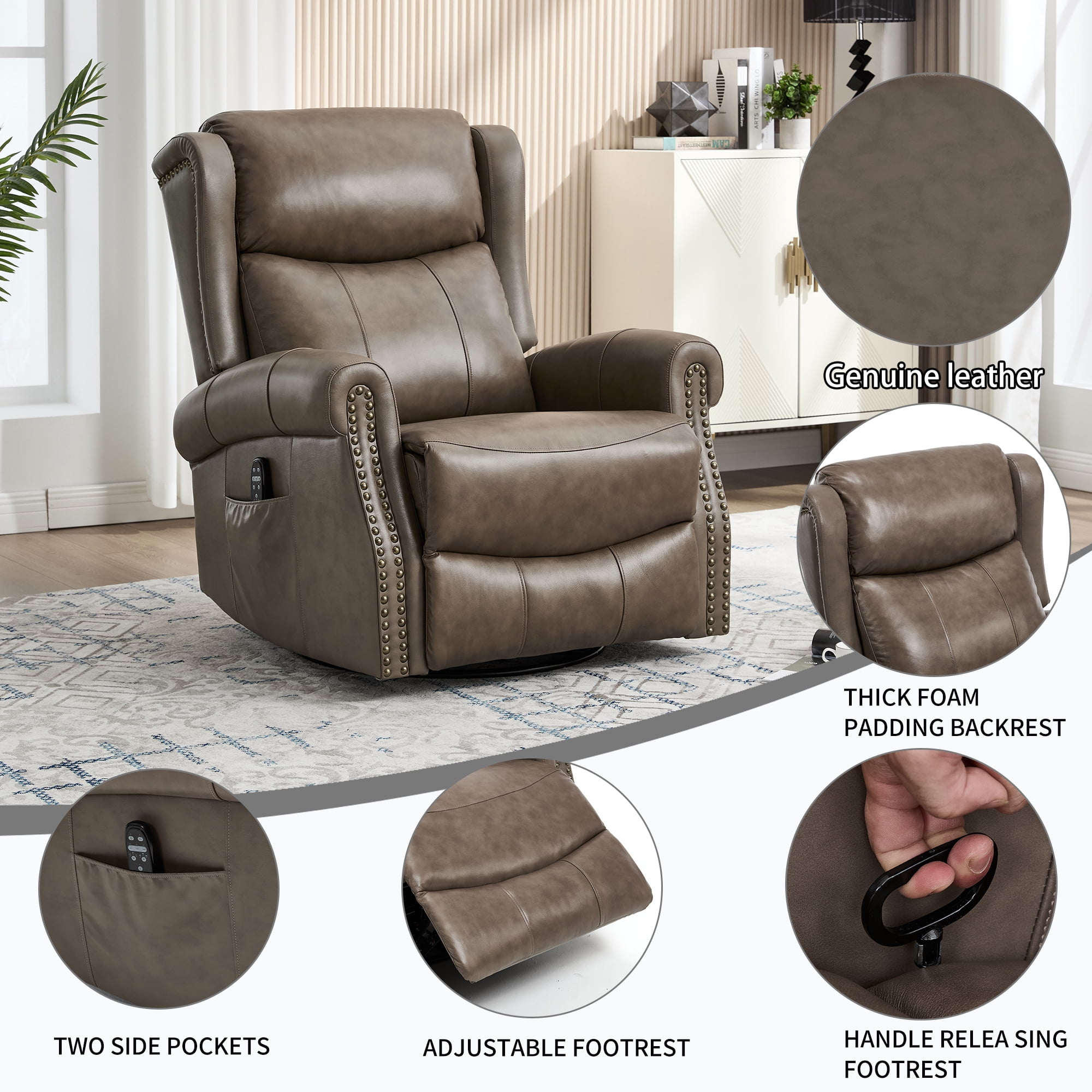 Leumius Swivel Rocker Recliner Chair with Vibration Massage and Lumbar Heating,Ergonomic Lounge Chair with Rocking Function,Rivet Design,Brown+Gray