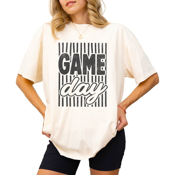 Game Day Striped Shirt for Women & Teen Girls Retro Football Season Comfort Colors Graphic Tee - Black on Ivory Shirt, Adult Medium
