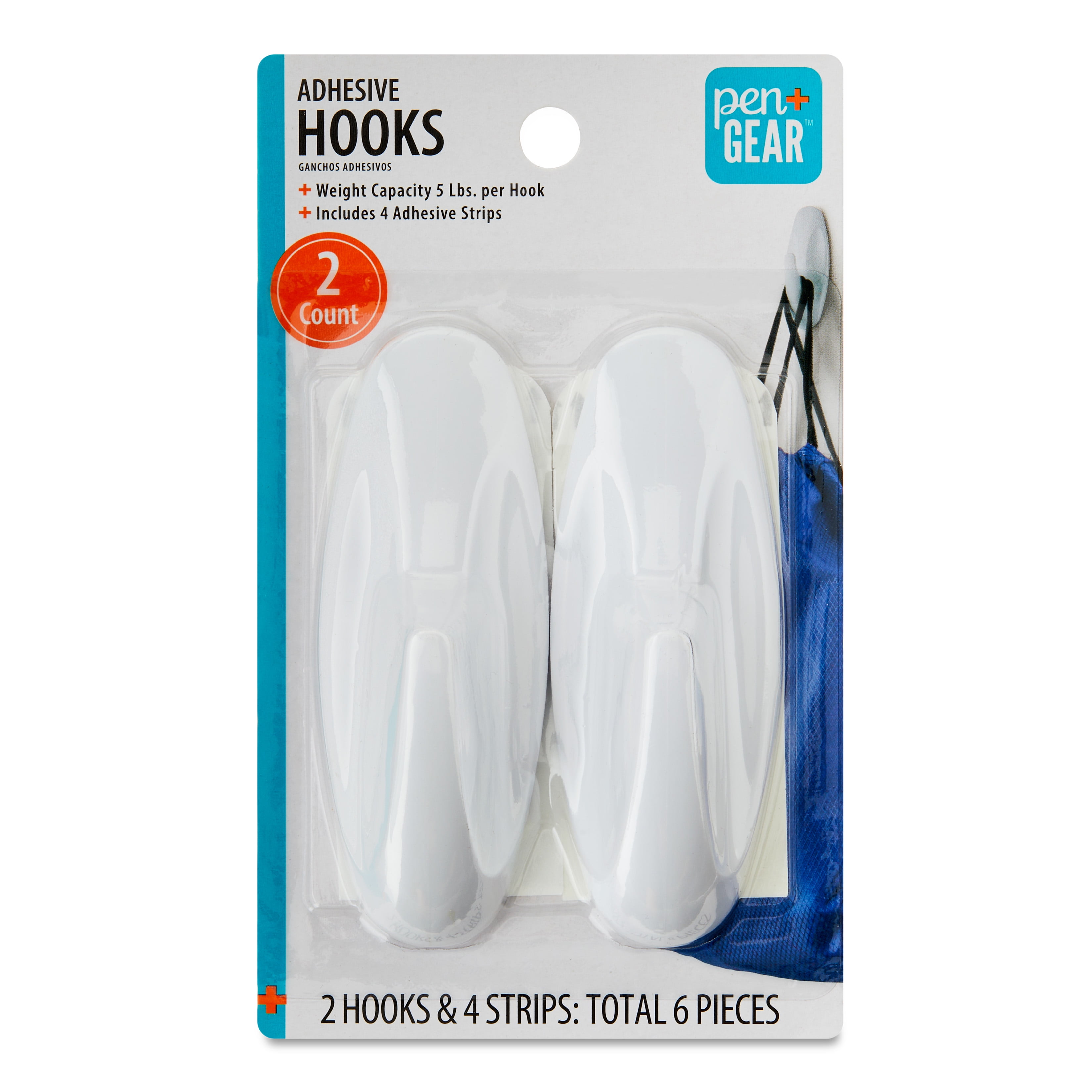 Pen+Gear Heavy-Duty Plastic Adhesive Large Wall Hooks, Damage Free, White, 2 Count
