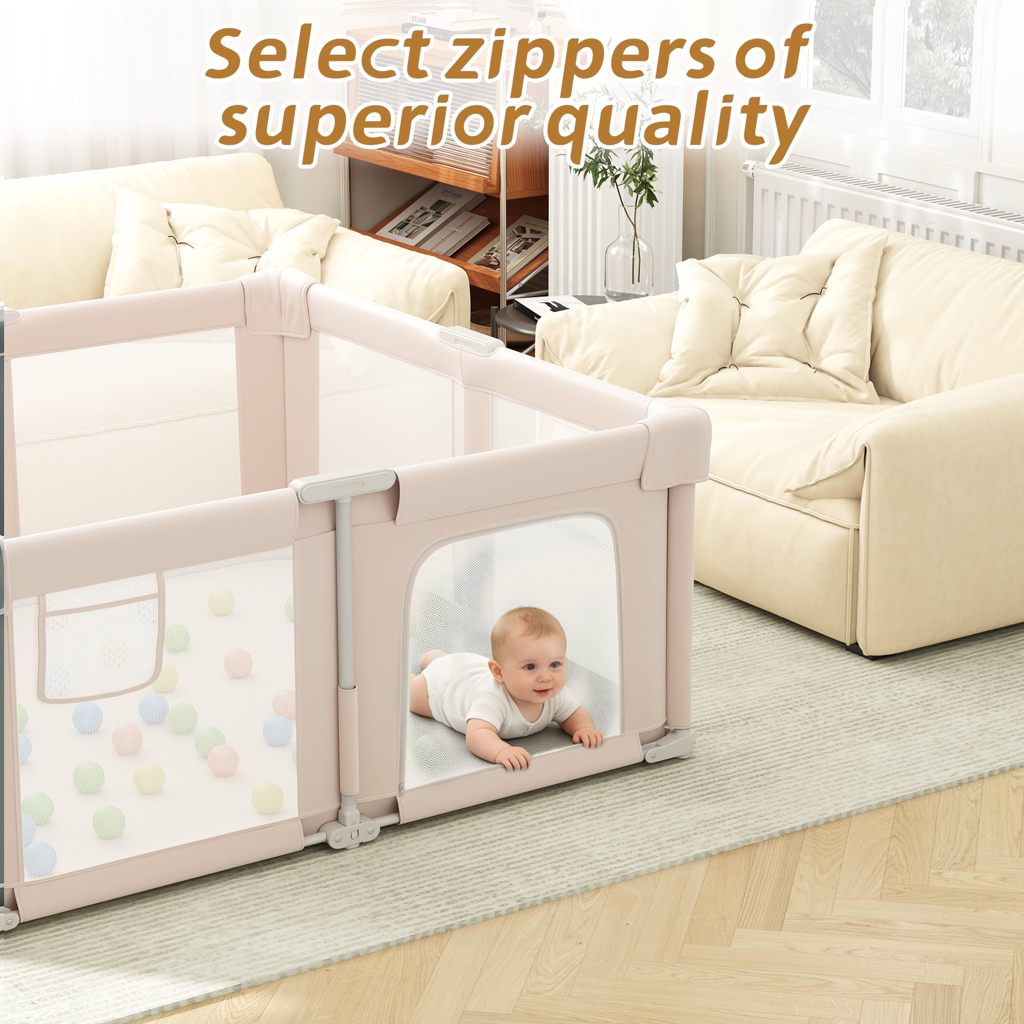 IDEALSOUL Square Baby Playpen, 51”W Baby Playards with Storage Bag, Foldable Child Play Yard with Breathable Mesh for Indoor&Outdoor, Pink
