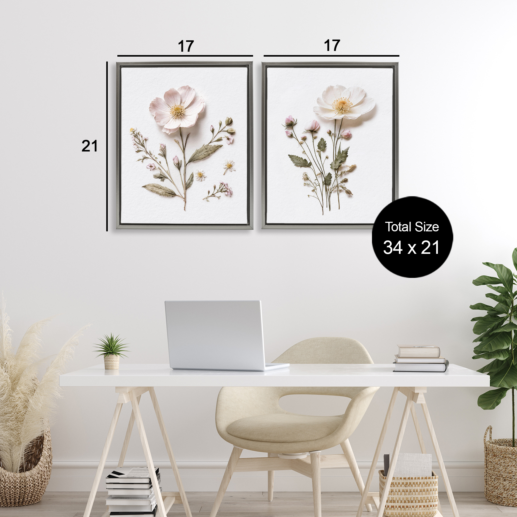 Minimal Pressed Flowers 2 Piece Gray Framed Floater Canvas Set, design by Lettered and Lined