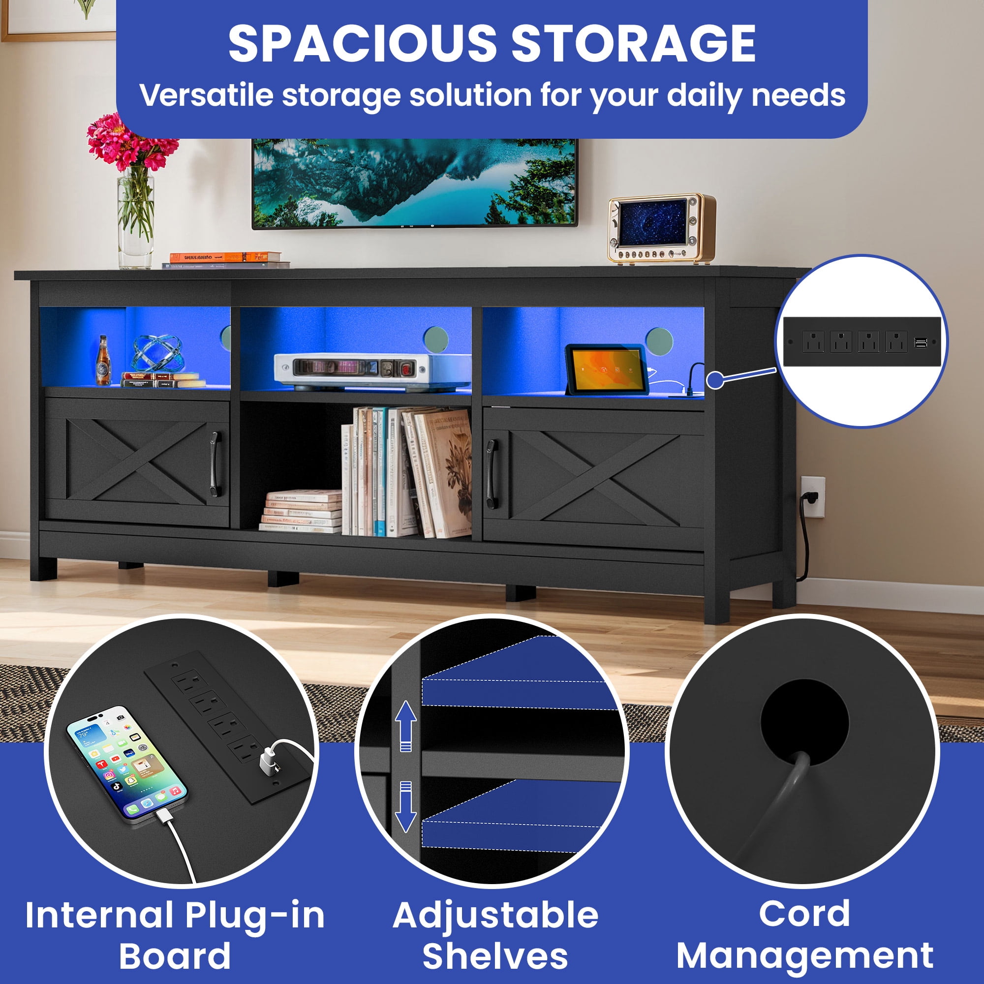 Uforic Farmhouse 59'' TV Stand with Storage Cabinets for Living Room, Bedroom, Black