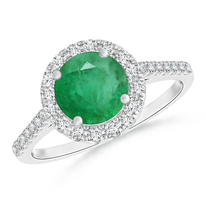 May Birthstone Ring - Round Emerald Halo Ring with Diamond Accents in ...