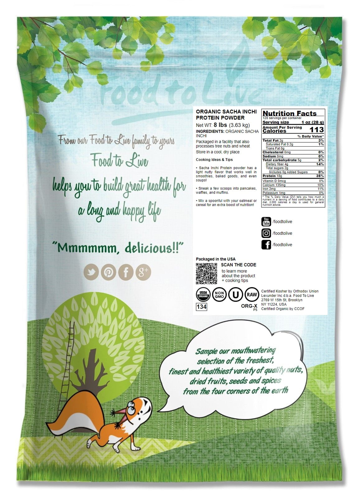 Organic Sacha Inchi Protein Powder, 8 Pounds — Non-GMO, Kosher, Raw, Vegan — by Food to Live