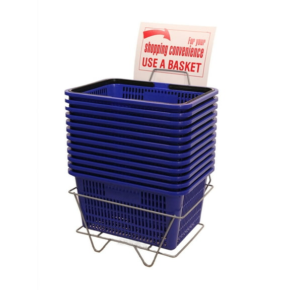 SSWBasics Blue Shopping Basket with Stand  Set of 12  8-1/2"H x 12"W x 17"L - Ideal Grocery Baskets for Retail Environments