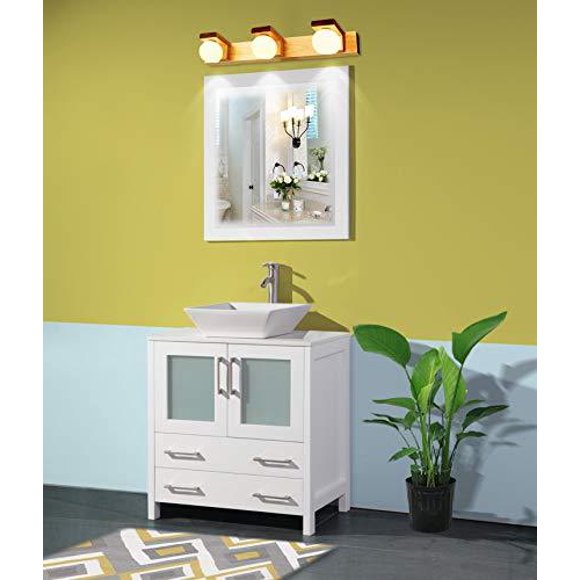 Vanity Art 30 inch Single Sink Small Bathroom Vanity Set 2-Drawers, 1-Shelf Quartz Top and Ceramic Vessel Sink Bathroom Cabinet with Mirror - VA3130-W