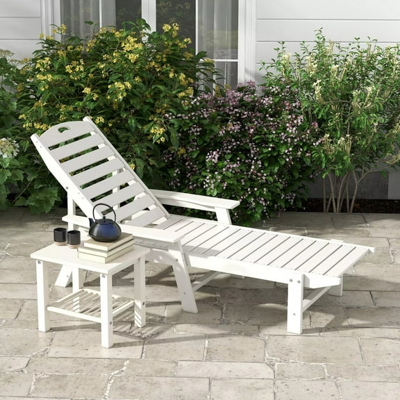 Harmijoy Patio Chaise Lounge Chair, HDPE Outdoor Recliner w/ 4-Position Backrest & Rotatory Cup Holder, Garden, Poolside, Backyard