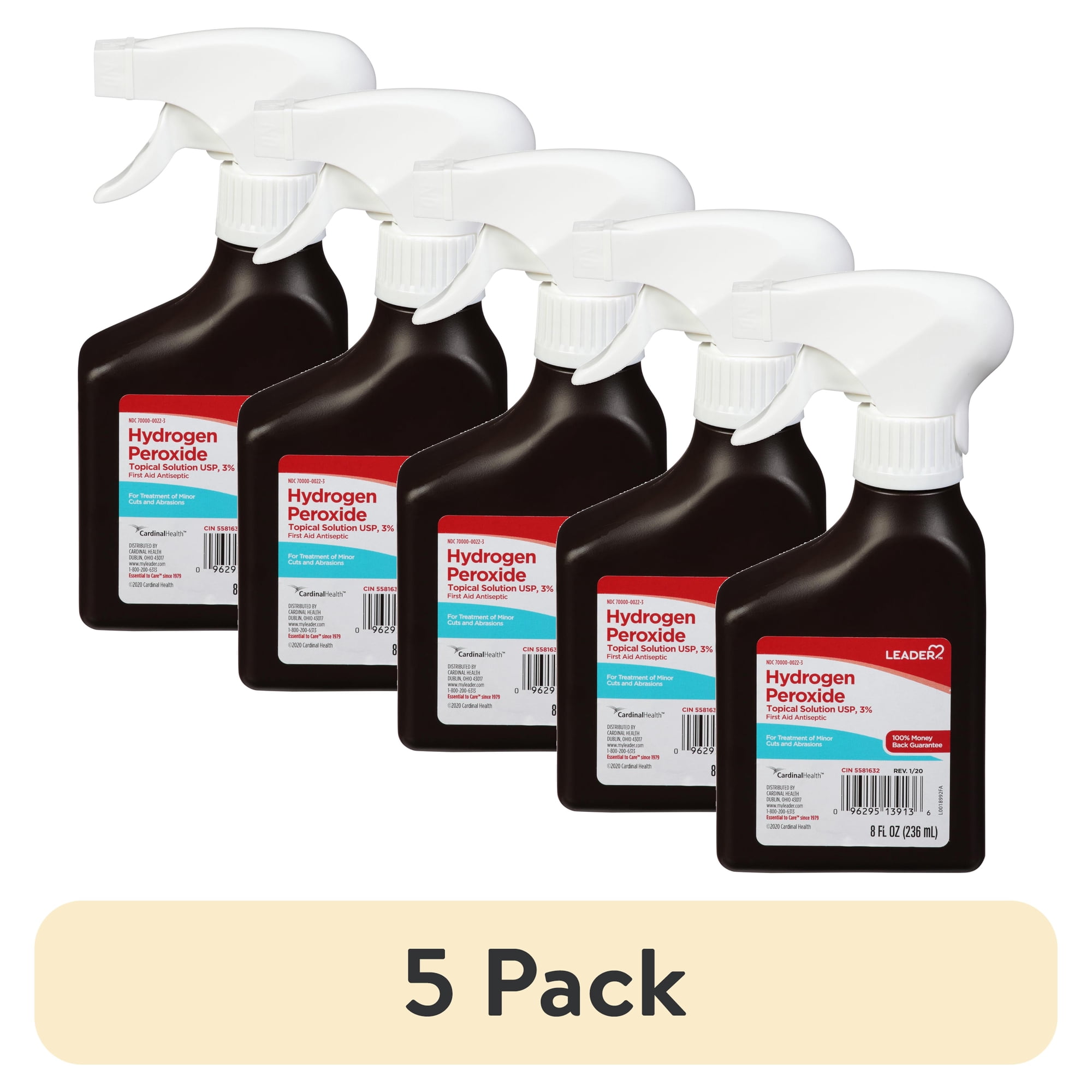 (5 pack) Leader Hydrogen Peroxide First Aid Antiseptic Topical Solution USP, 3% Spray Bottle 8 fl oz
