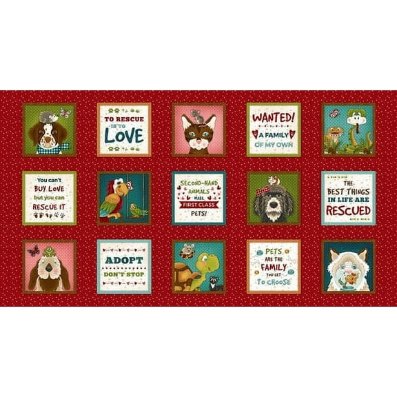 24.5" X 44" Panel Rescued Animals Shelter Words Adoption Dogs Cats Hamsters Turtles Multicolor Cotton Fabric Panel (9823-88)