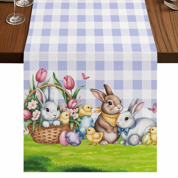 Table Runners 108 Inches Long Dress Scarves, Easter Bunny Farmhouse Coffee/Dining/Kitchen Table Runner for Living Room, Cute Rabbits Chickens Flowers Rustic Purple Plaid 13x108 Inch