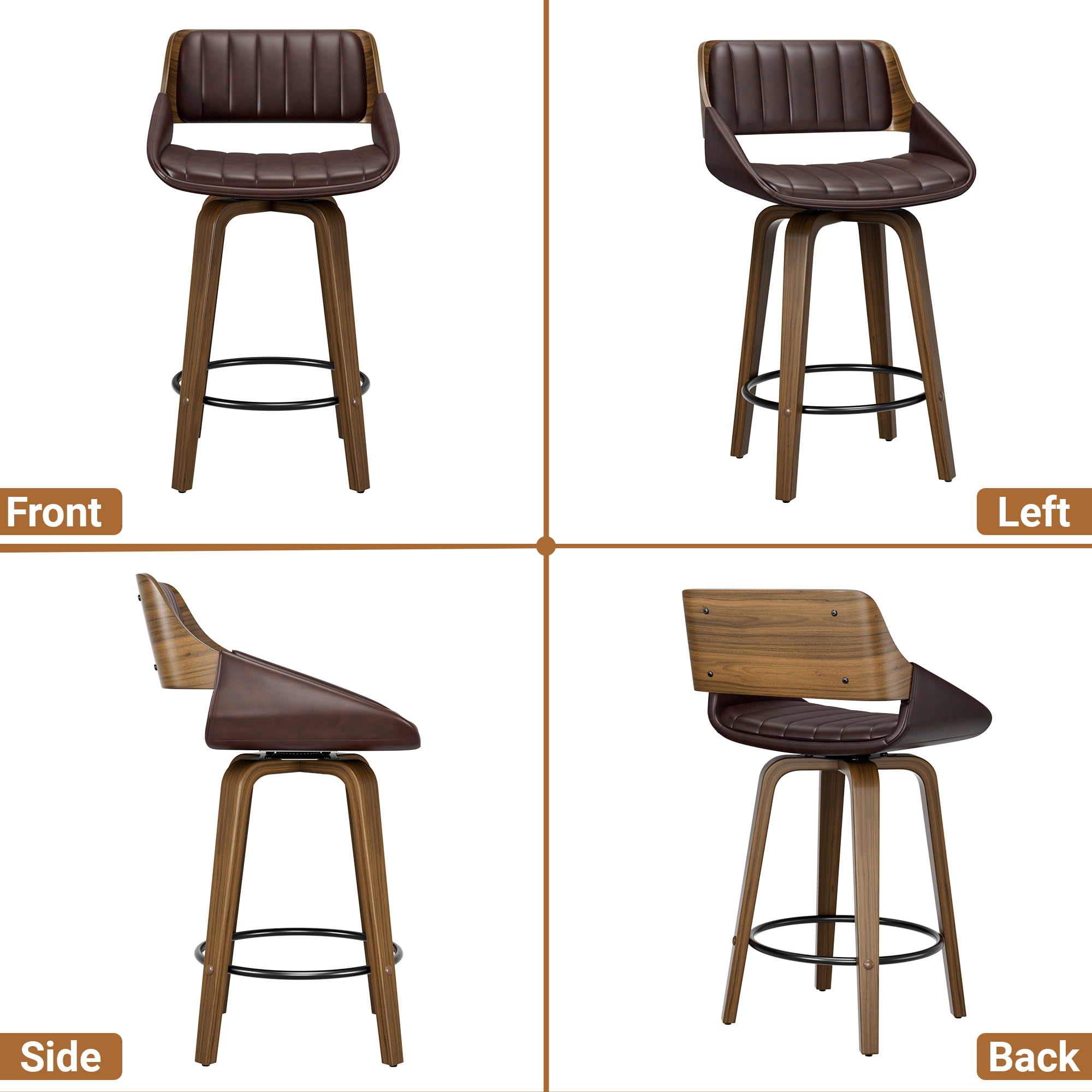 LainTene 26" Swivel Counter Height Bar Stool with Walnut Bentwood Frame, Faux Leather Seat & Footrest, Mid-Century Modern Chair for Kitchen Island, Bar, or Café (Set of 2)