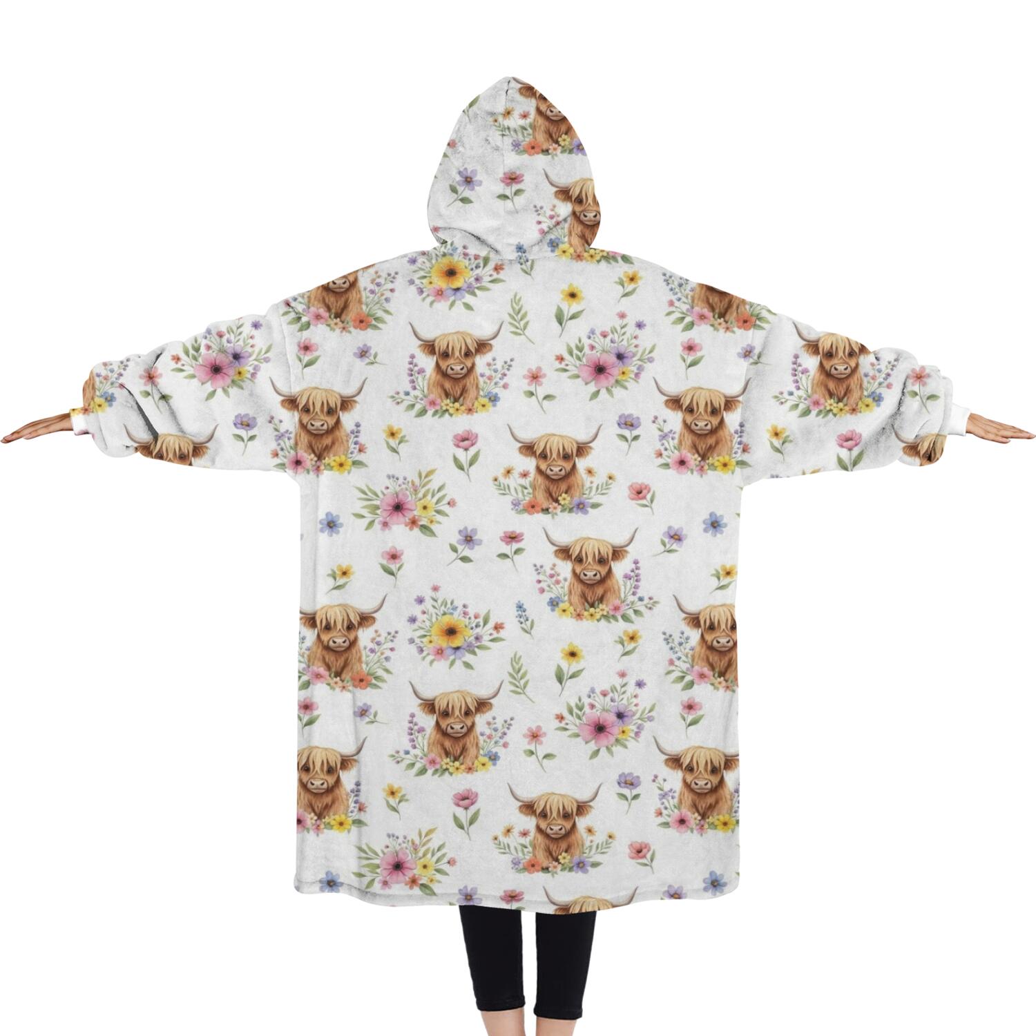 Oversized Wearable Blanket Hoodie,White Highland Cow Flower Pattern Sherpa Blanket Hoodie with Super Pockets,Super Warm Fuzzy Pullover for Women & Men