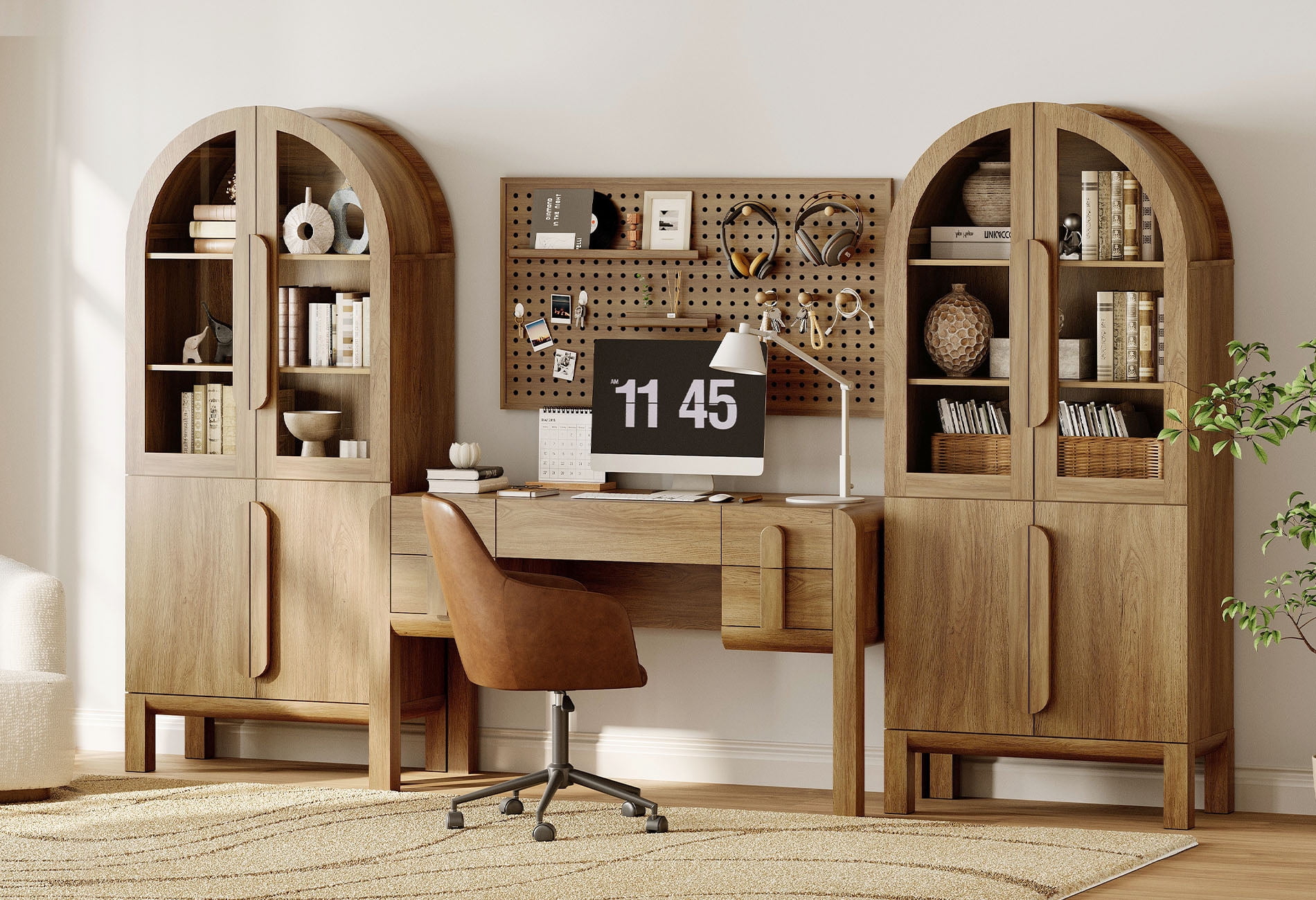 Home Office Set, 53.5" Modern Executive Desk with Charging Station and Drawers & 2 Piece 71"H Tall 3-Tier Arched Bookcases with Glass Door for Living Room, Bedroom, Home Office