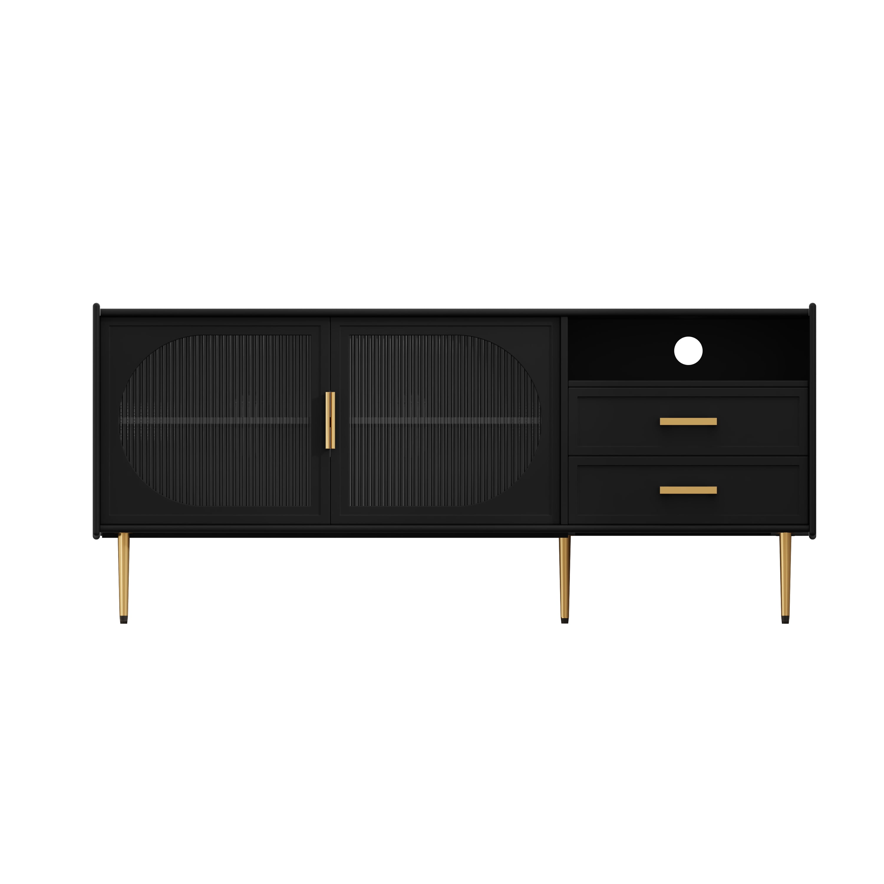 CBJCBJ 60.1" Modern Glass Door TV Stand with 2 Drawers & Adjustable Shelf | Entertainment Center for TVs up to 70 Inch | 4-Compartment Media Console Storage(BLACK)