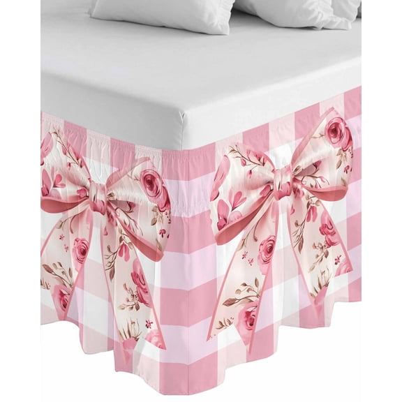 Pink Floral Print Wrap Around Bed Skirts for Queen Bed 18" Drop,Bed Skirt with Adjustable Elastic Belt Dust Ruffle Bed Valance for Bedroom Hotel Checkered Bow Rose Flower Gingham Bed Frame Cover