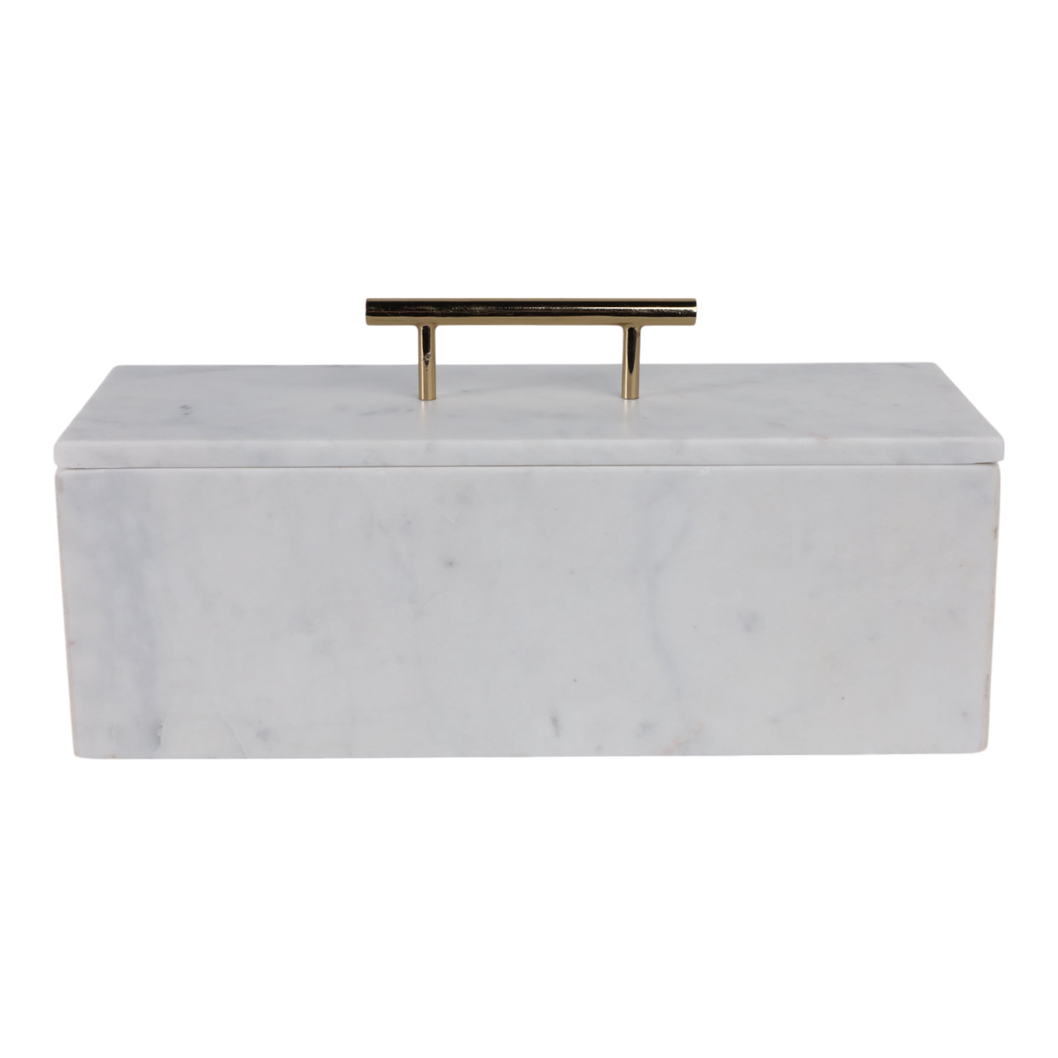 Decorative Marble Rectangular Box with Handle for Home Decor - Modern Organizer for Jewelry and Keepsake Storage - Decor Box for Bedroom, Living Room, and Shelf Accent - 8", White & Gold